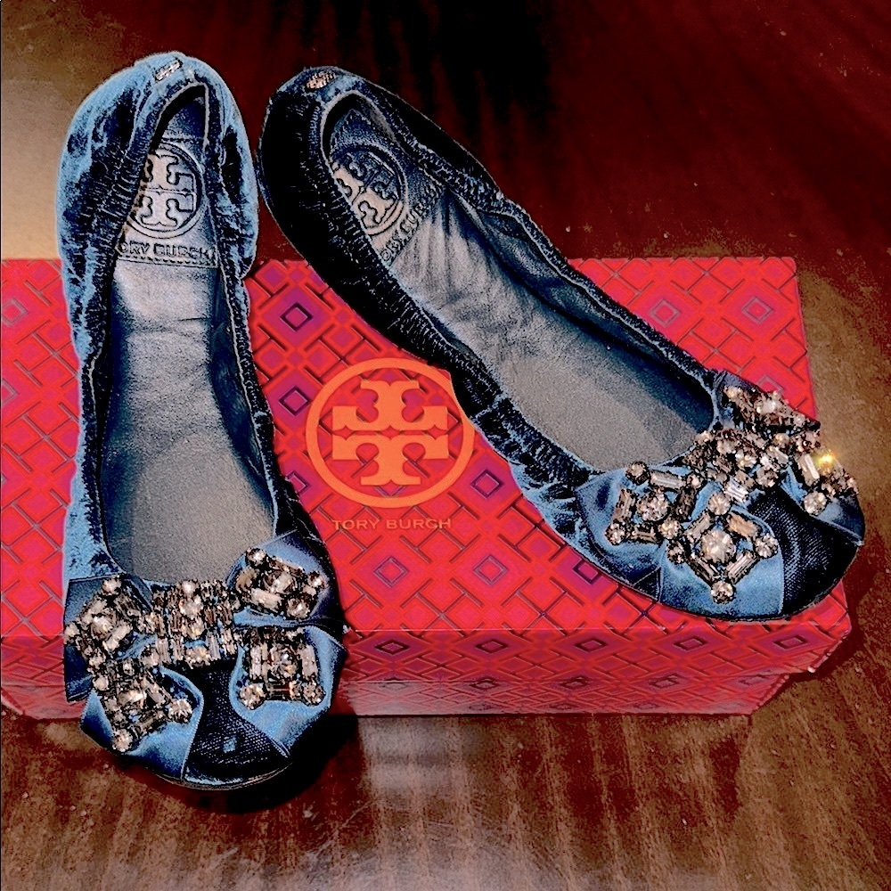 Tory Burch BlueVelvet and Satin Jeweled Bow Ballet Flats